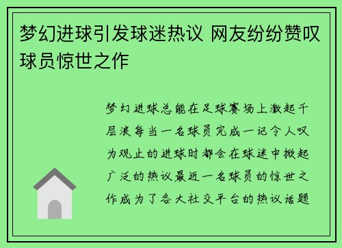 梦幻进球引发球迷热议 网友纷纷赞叹球员惊世之作