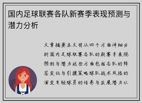 国内足球联赛各队新赛季表现预测与潜力分析