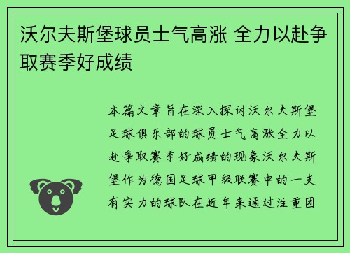 沃尔夫斯堡球员士气高涨 全力以赴争取赛季好成绩